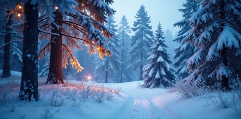 Wall Mural - Frosty forest landscape with snow-covered trees and twinkling lights, snowy, forest