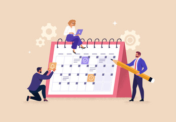 Fototapete - Business Planning Concept. Vector cartoon illustration of a group of people in business outfits making notes on a calendar with tasks Isolated on background