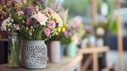 Poster - Colorful array of fresh flowers in decorative vases arranged beautifully in a bright space : Generative AI