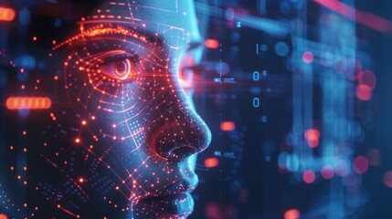 Poster - A close up view of a digital head showcasing intricate patterns and glowing lines, representing the fusion of artificial intelligence and human perception.
