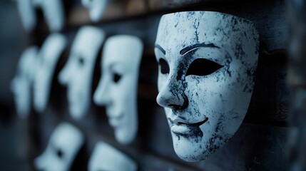 Poster - A collection of unique and artistic white theatrical masks displayed on a rustic wall for a striking visual effect : Generative AI