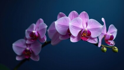 Wall Mural - Softly blooming orchids against dark blue, delicate petals unfolding, bloom, dark blue background