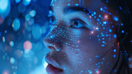 Poster - A young individual gazes thoughtfully, illuminated by a swirl of blue lights and digital patterns that create a captivating visual effect, blending technology with human emotion.