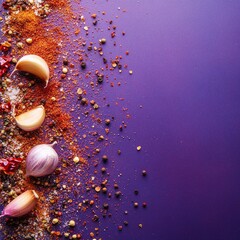 Wall Mural - Garlic cloves and spices on a vibrant purple background with space