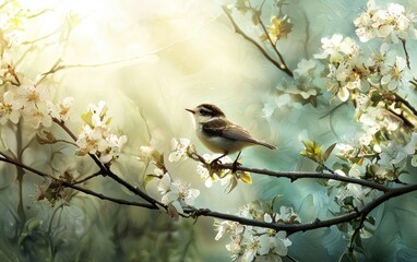 Naklejka na meble A little bird singing on a tree branch covered in blossoms