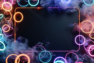 Wall Mural - colorful neon circles with smoke background create a vibrant frame for creative designs and artistic