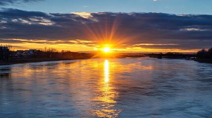 Fototapete - Stunning sunset over tranquil river reflecting vibrant colors of the evening sky : Generative AI