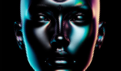 Aufkleber - Futuristic vector illustration of a digital face with iridescent, pixelated textures on a black background. The design emphasizes modernity and a reflective, technological aesthetic.
