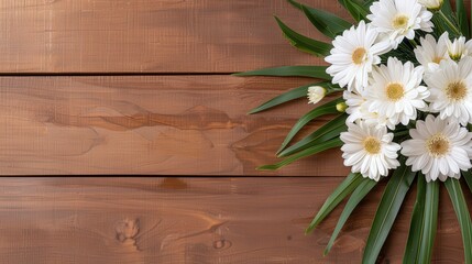 Canvas Print - Fresh White Daisies with Green Leaves Arrangement on Rustic Wooden Background for Floral Design Concepts