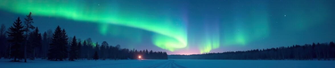 softly glowing aurora borealis spreads across the night sky with shades of teal and pink, gently ill