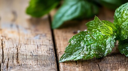 Poster - Fresh Mint Leaves on Rustic Wood Table Adding Natural Flavor and Aroma to Delicious Dishes : Generative AI