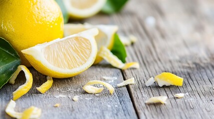 Aufkleber - Juicy Fresh Lemons with Zesty Citrus Flavor on Rustic Wooden Surface with Peels and Slices : Generative AI