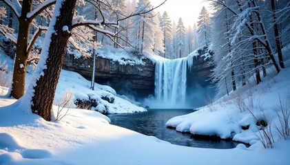 Wall Mural - Snowy forest floor with bare trees and a frozen waterfall in the background, forest floor, serene, natural