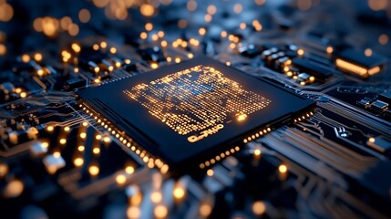 Fototapete - Close up of a computer chip on circuit board glowing with illuminated lights and intricate design : Generative AI