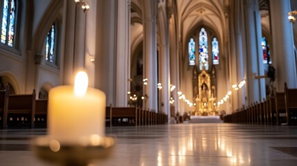 Wall Mural - Beautiful interior of a historic church with candles illuminating the spiritual atmosphere : Generative AI