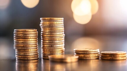 Poster - Stacks of golden coins on a reflective surface symbolizing wealth and financial growth : Generative AI