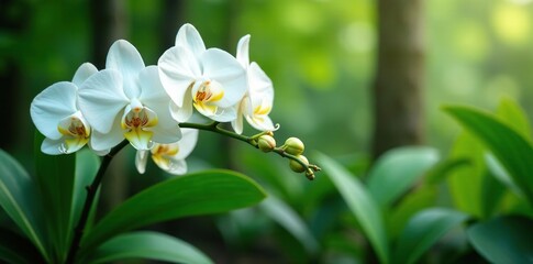 Wall Mural - White orchid flowers nestled among lush green leaves and stems, orchid, blooms