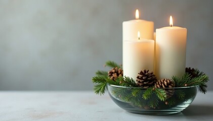 Wall Mural - White advent candles in a large glass vase with evergreen and pinecones surrounding the candles, white advent candles, glass vase, candlelight