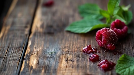 Poster - Fresh and Juicy Raspberries with Green Mint Leaves on Rustic Wooden Table : Generative AI