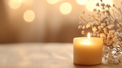 Fototapete - Elegant white candle surrounded by dried flowers creating a warm and cozy atmosphere with gentle light : Generative AI