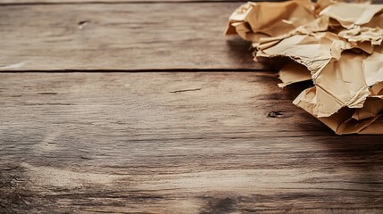 Aufkleber - Crumpled brown paper on a rustic wooden table offering a minimalist texture for backgrounds and crafts : Generative AI