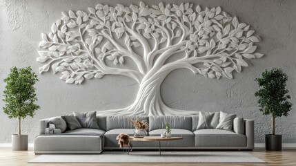 Wall Mural - Tree sculpture wall behind sofa with plants for interior decor