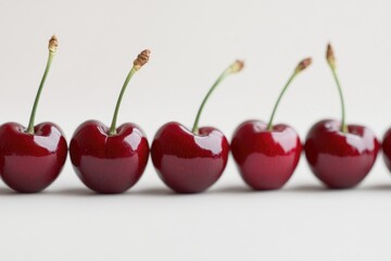 Sticker - A row of red cherries sitting on a white surface, great for food or decoration photography