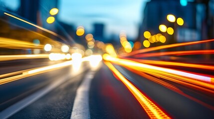 Poster - Dynamic urban scene at dusk with light trails from fastmoving cars creating a vibrant city atmosphere : Generative AI