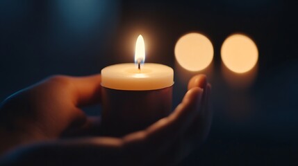 Leinwandbilder - A close up of a hand holding a candle with a warm flame glowing softly in a dark setting : Generative AI
