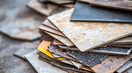 Poster - Close up of a stack of colorful worn tiles showcasing textures and patterns in a construction material context : Generative AI