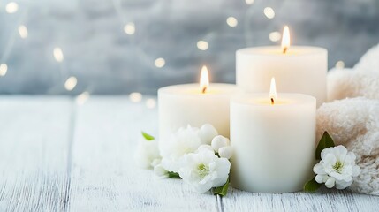 Fototapete - Three glowing white candles arranged beautifully alongside delicate flowers creating a serene atmosphere : Generative AI