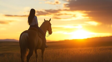 Aufkleber - Silhouette of a woman on a horse against a breathtaking sunset sky : Generative AI
