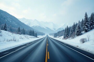 Wall Mural - Empty and deserted highway with snow-covered hills and trees, vast, highway, serene