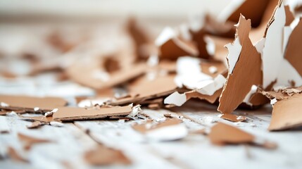 Poster - Scattered pieces of cardboard on a weathered wooden surface portraying an artistic production environment : Generative AI