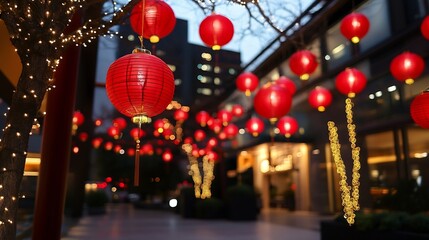 Poster - Vivid red lanterns illuminated at dusk creating a warm festive atmosphere in an urban setting : Generative AI