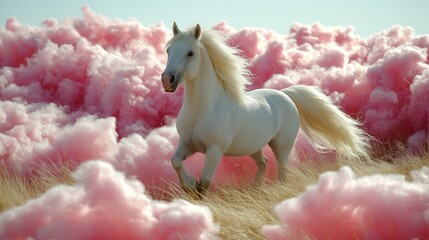 Wall Mural - White horse runs through pink candy clouds