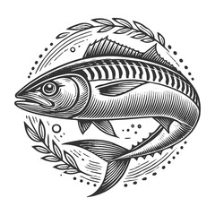 Wall Mural - mackerel fish with intricate engraving lines, surrounded by decorative elements in a vintage style sketch engraving generative ai raster illustration. Scratch board imitation. Black and white image.