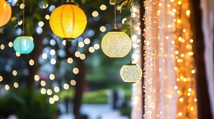 Poster - Beautifully Designed Hanging Lanterns Illuminate the Outdoor Space at Night : Generative AI