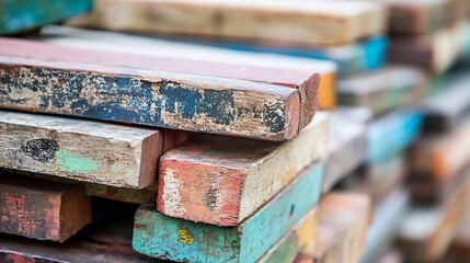 Aufkleber - Colorful stacked wooden pallets showcasing rustic textures and reclaimed materials : Generative AI