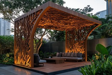 Wall Mural - Outdoor wooden pergola with furniture in a garden at dusk, used for relaxation