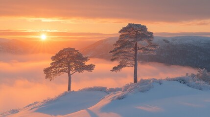 Sticker - Winter Sunrise Over Mountain Peaks Covered in Frost