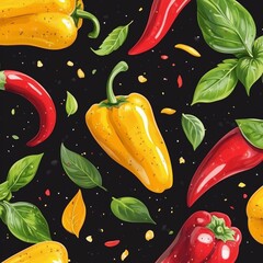 Wall Mural - Colorful peppers and fresh green leaves on black background