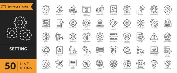 settings icon set. containing options, configuration, preferences, adjustments, gear, control panel,