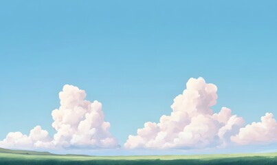 Wall Mural - cartoon background, light blue sky, minimalistic green grass, fluffy clouds, Generative AI