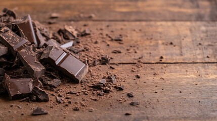 Poster - Broken pieces of dark chocolate scattered on a rustic wooden surface showcasing textures and rich colors : Generative AI