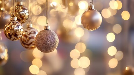 Poster - Charming Christmas Ornaments Hanging with Soft Bokeh Lights Creating a Festive Atmosphere : Generative AI
