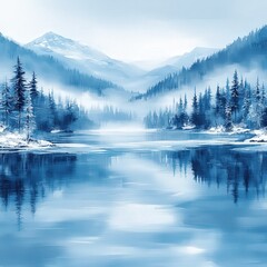 Wall Mural - Serene Winter Landscape with Snow-Covered Mountains and Tranquil Lake Reflecting Pine Trees in Misty Morning Light, Perfect for Nature Lovers and Winter Scenery