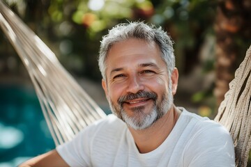 Wall Mural - A smiling middle-aged man with grey hair and a beard relaxing in a hammock by a pool on a sunny day