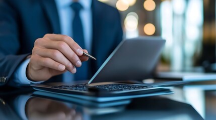 Fototapete - Businessman using a tablet device and pen while working in a modern office environment with soft bokeh lights : Generative AI