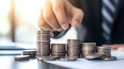 Poster - Businessman analyzing stacked coins in a financial investment context emphasizing wealth management and growth : Generative AI